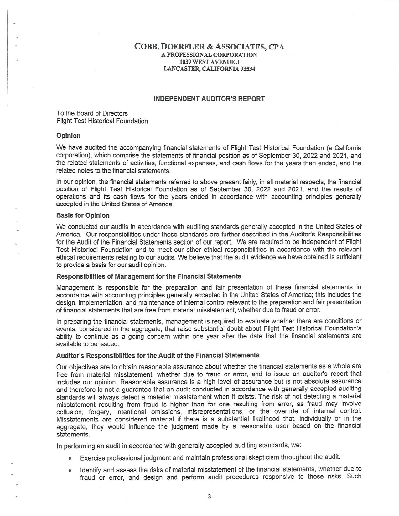 Financial Information - FLIGHT TEST HISTORICAL FOUNDATION